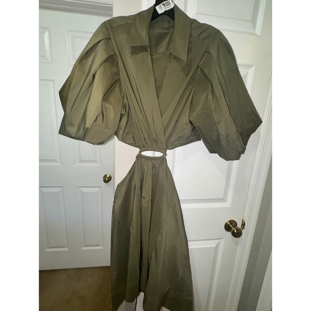 Jonathan Simkhai Olive Green Cutout Ring Mini Dress Puff Sleeve XL - Picture 6 of 8